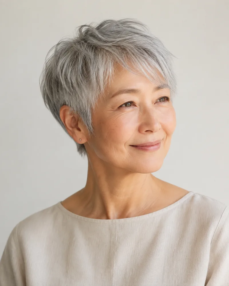 60代をイメージしたグレイヘアのショート